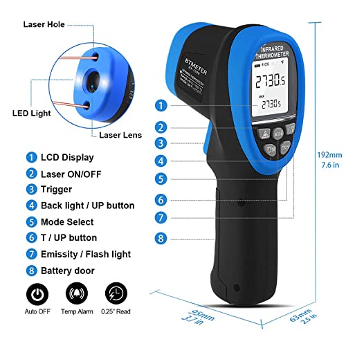 BTMETER BT-1500 Non-Contact Pyrometer 30:1 Industrial Laser Thermometer Gun, -58℉ to 2732℉ (-50℃ ~ 1500℃) High Temp Infrared Thermometer (NOT for Human) - color: Infrared Thermometer BT-1500 Blue