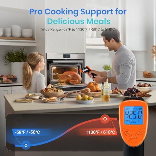 Etekcity Infrared Thermometer Laser Temperature Gun 1080, -58°F~ 1130°F for Meat Food Candy Pizza Oven, Heat Gun for Cooking, Kitchen, Fridge, Reptile, BBQ, HAVC, Adjustable Emissivity & Max Measure - color: Blaze Orange, style: Advanced