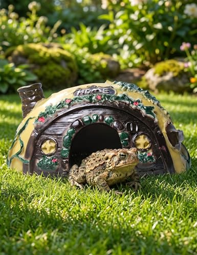 Resin Toad House Reptile Hideout Cave for Frogs Snakes | yellow brown half ellipsoid rock, durable habitat decor for garden indoor pet tanks, easy to clean open bottom shell