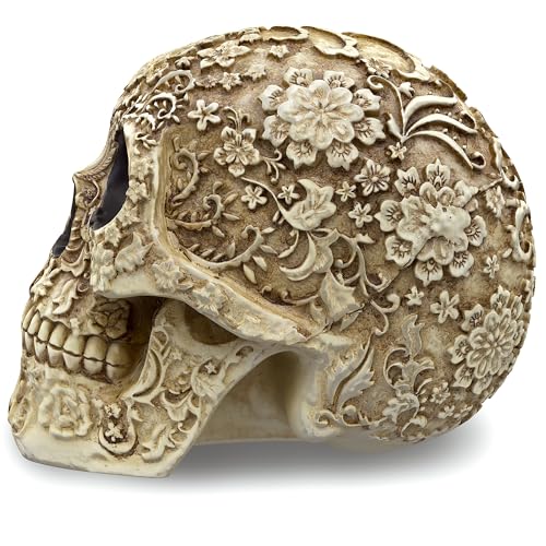 READAEER Life Size Skull Resin Floral Human Skull Model Adult Head Bone Model Day of The Dead Décor - style: Floral