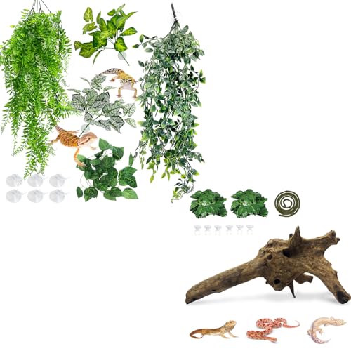 Hamiledyi 5 Pcs Reptile Plants Terrarium Hanging Fake Plant Leaves and Large Driftwood for Reptile Tank 11-16" Natural Bearded Dragon Wood for Ball Python Gecko Lizard Chameleon Iguana