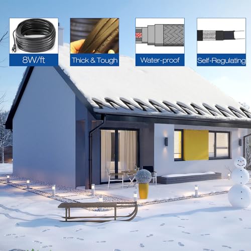 H&G Lifestyles Roof Heat Cable Snow De-icing Kit Self-Regulating Plug-in Ready Heat Tape for Roof and Gutters Ice Dam Prevention 8W/ft 50ft | Self-Regulating Heaters to Prevent Ice Dams,Heavy Duty Heat Tapes for Snow De-icing, 8Watts per Foot Patented Tec