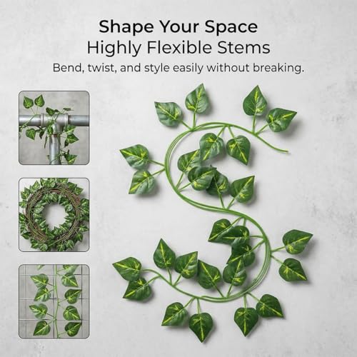Epipremnum Aureum Leaves, Green Vines Fake Plant Vine Leaves, Hanging Fake Vine Leaves, Home Kitchen Garden Office Wedding Wall Decor (Pack of 12 86 Inch Fake Plants)