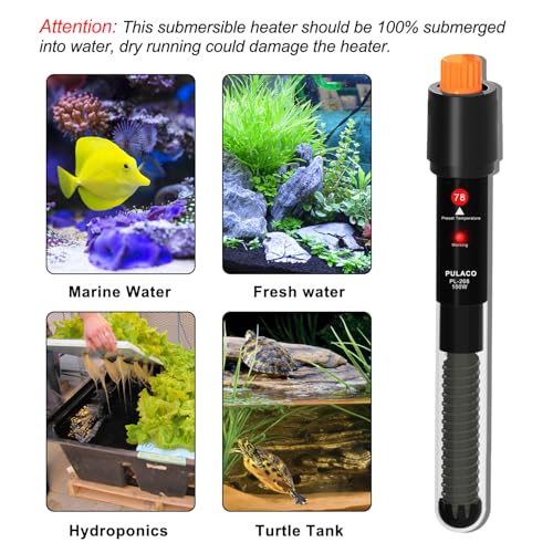 PULACO 100Watt Aquarium Heater for 15-25 Gallon Fish Tank, Adjustable Submersible Heater Thermostat with Thermometer Strip and Suction Cup