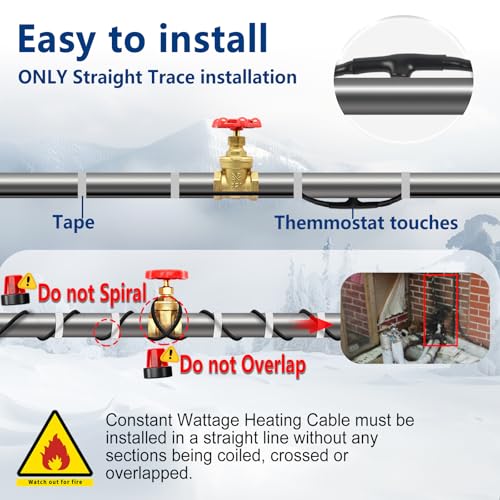 3ft 7w/ft Constant Wattage Pipe Heat Cable - CSA/ETL Certified, Energy-Saving for Metal & Water-Filled Plastic Pipes, Keeps Water Flowing at -40°F, 120V - style: 3 Feet