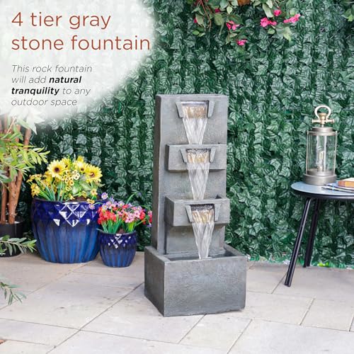 Alpine Corporation TZL406 33" 3 Tier Basin Cascading Fountain with LED Lights, Outdoor Water Feature for Garden, Patio, Backyard & Home Decor, Elegant Waterfall Design, Gray - style: 33"H - Gray 4-Tier w/ LEDs