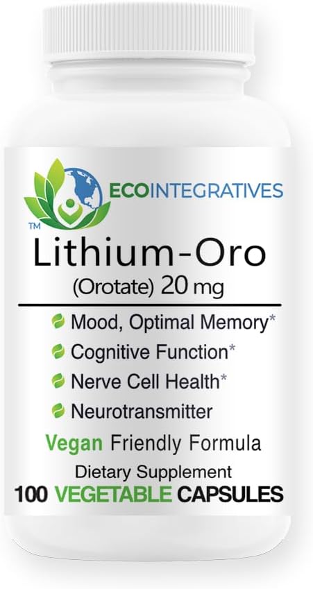 Lithium Oro 20 mg, Supports Healthy Mood Emotional Wellness, Behavior, and Memory. Bioavailable, 100 Caps (Elemental Lithium Orotate)