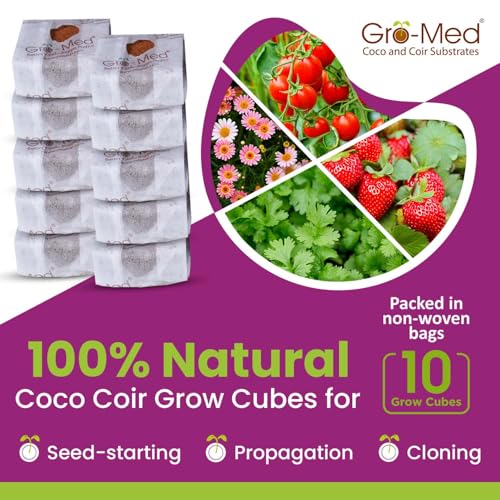 Gro-Med Coco Coir Seed Starter Cubes NPK Enriched for Herbs, Flowers, Vegetables organic Coco 4 Inch Plugs Perfect for Cloning, Cuttings, Propagation - 10 Cubes- Best Alternative to Peatmoss, Rockwool - size: Seed Starter Cubes Pack of 10