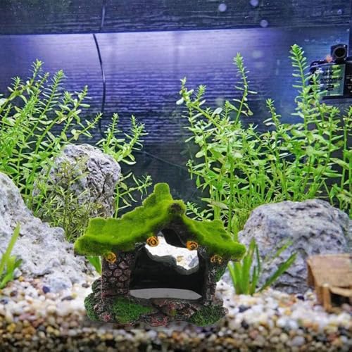 Tfwadmx Aquarium Decoration House Resin Hollow Hideout House,Small Betta Fish Hide Accessories Cave Ornament Tank Small Fish Shrimp Hideaway with Moss - size: 1PCS
