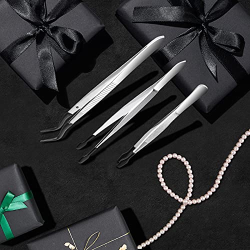 3PCS Tip Tweezers, Silicone Rubber Flat Tipped Tweezers Bent Tip for Jewelry Coin Stamp (Black) - color: Black
