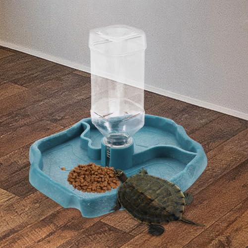 KALLORY Reptile Water Feeder and Food Dish Set, Automatic Water Dispenser with Reservoir, Blue and Dark Brown Plastic Feeding Bowl for Tortoise and Lizard Terrarium