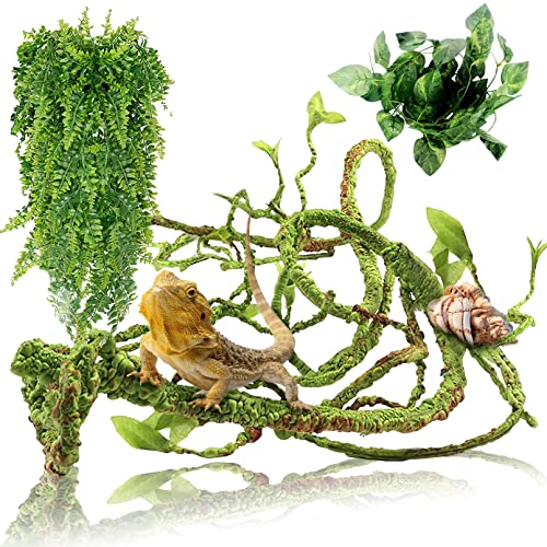 Hamiledyi Reptile Plants Bendable Jungle Climbing Vine Terrarium Branch Flexible Plastic Leaves Hanging Pet Habitat Decoration for Bearded Dragon Lizard Gecko Frog Snake Tank Accessories Decor - size: 3 PCS - Style 1