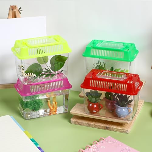 VANZACK 4 Pack Mini Fish Tank, Plastic Reptile Terrarium with Lid and Handle, Portable Plastic Fish Tank and Frog Carrier, Clear Critter Carrier for Small Fish, Turtles, Hamster, Snakes Aquarium