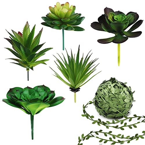 264 ft Greenery Ribbon Leaf Vines & 5 Pcs Large Size Faux Succulents Set