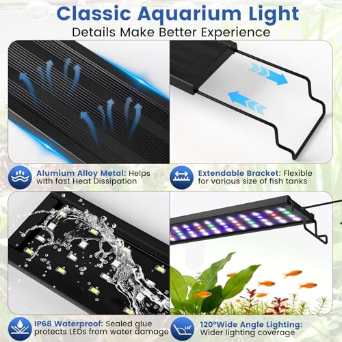 AQQA Aquarium Plant Light Full Spectrum LED Fish Tank Light IP68 Waterproof with 24/7 Natural Mode & DIY RGBW Mode, 9 Colors & 10-Level Brightness Adjustable, 6 Timer Settings for 18"-24" Tank (18W) - size: 18-24inch
