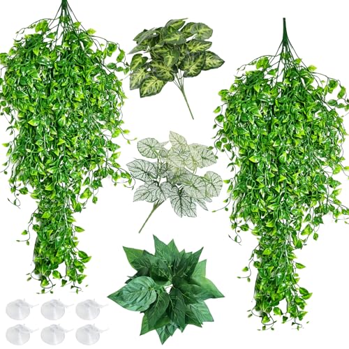 Hamiledyi Reptile Plants Tank Habitat Decorations Fake Hanging Vines 5 Pcs Artificial Leaves Habitat Decorations with Suction Cup for Bearded Dragon, Leopard Gecko, Lizard, Chameleon, Snake (Green) - size: 5 PCS - Style 4