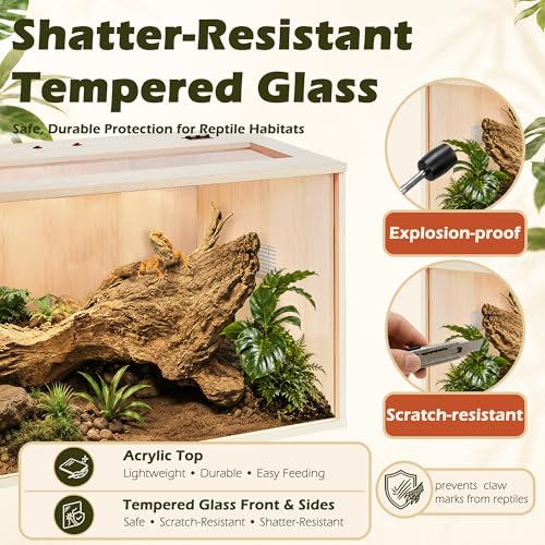 PROLEE Bearded Dragon Tank,Wooden Reptile Tank and Lizard Tank,Tempered Glass Large Bearded Dragon Enclosure with Built-in Lamp Fixture (24X16X16inch,24 Gallons) - color: Wooden Roof, size: 24X16X16inch,24 Gallons