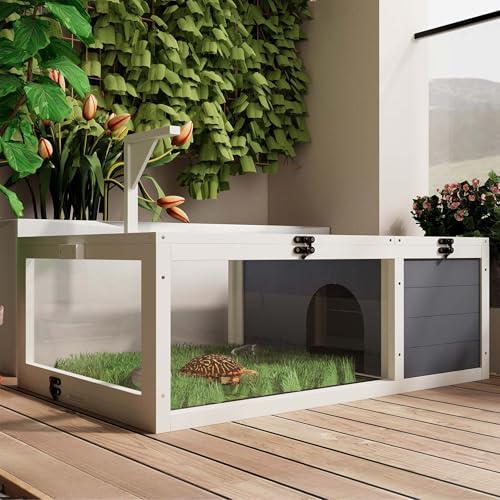 Tortoise Habitat, Tortoise House, Tortoise Enclosure with Adjustable Lamp Holder, Lockable Top, Pull-Out Waterproof Trays, Small Animals & Reptile, Wooden, Indoor & Outdoor