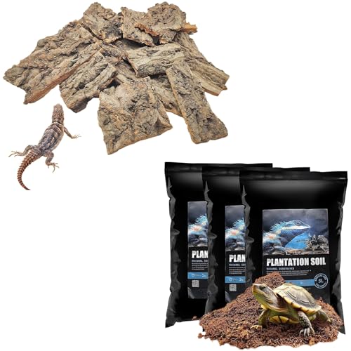 VCEPJH Reptile Bark Bedding,1 LB Natural Cork Bark for Geckos and Loose Coconut Fiber Substrate 3 Pack Natural Coco Coir Reptile Bedding for Tarantula Snake Bearded Dragon Spiders Hermit Crabs