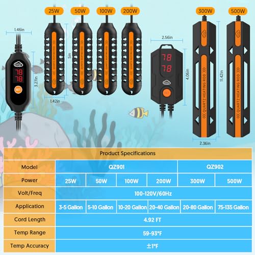 QZQ Aquarium Heater, 300W Fish Tank Heater with Temperature Controller, Leaving Water Automatically Stop Heating, Overheating Protection, Turtle Tank Heater for Freshwater & Saltwater - size: 300W