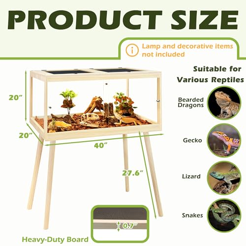PROLEE Bearded Dragon Tank with Leg Stand 62 Gallons, Wooden Lizard Tank,Reptile Tank with Metal Mesh Roof Door, Acrylic Panel Snake Tank with Lock Design (Oak, 40"x20"x20") - color: Oak, size: 40"x20"x20"