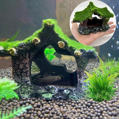 Tfwadmx Aquarium Decoration House Resin Hollow Hideout House,Small Betta Fish Hide Accessories Cave Ornament Tank Small Fish Shrimp Hideaway with Moss - size: 1PCS