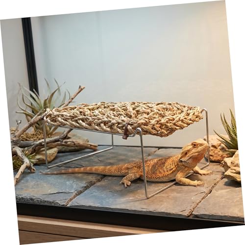 Kichvoe Hammock and Metal Legs Reptile Lounger Rectangle Bearded Dragon with Khaki Seagrass Bed Comfortable Wear-Resistant Basking Platform for Leopard Gecko Hermit Crab Tank Habitat