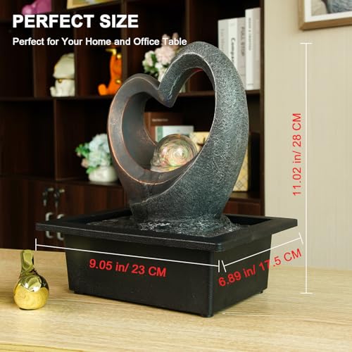 Indoor Tabletop Water Fountain, Zen Meditation Waterfall Fountain with ON/Off Switch, Heart Shape Decoration with LED Light for Home Office Relaxation Decor - size: B