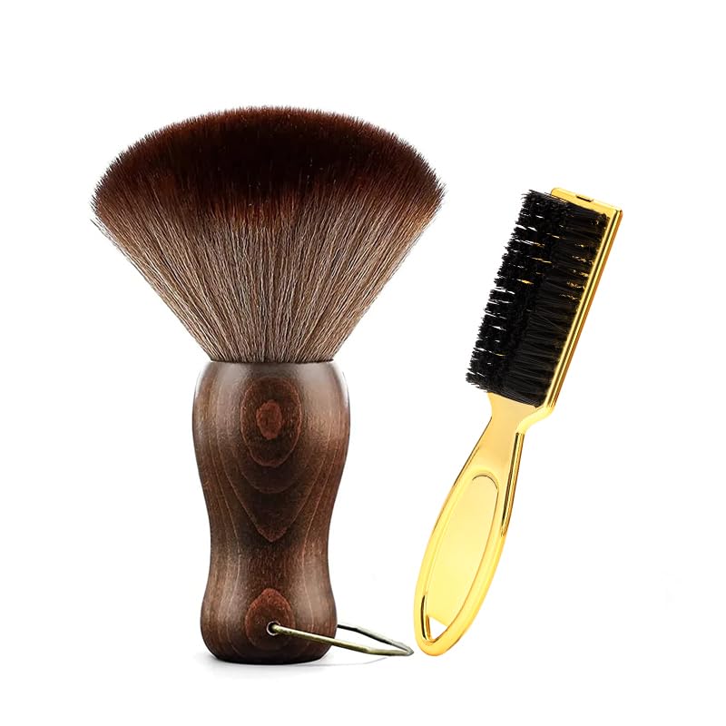 CGBARBER Barber Neck Duster Brush with Wood Handle & Hook - Neck & Gold Brush for Hair Cutting, Grooming & Styling