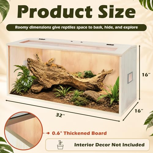 PROLEE Bearded Dragon Tank,Wooden Reptile Tank and Lizard Tank,Tempered Glass Large Bearded Dragon Enclosure with Built-in Lamp Fixture (32X16X16inch,34 Gallons) - color: Wooden Roof, size: 32X16X16inch,34 Gallons