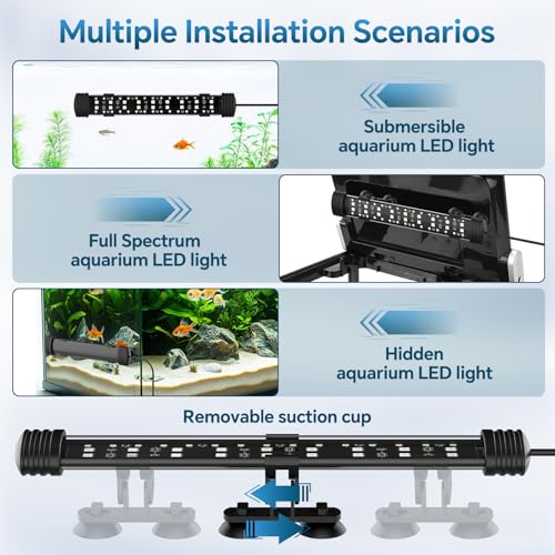 AQQA Submersible LED Aquarium Light, 24/7 Mode Full Spectrum Fish Tank Light, 4 Rows Beads with 9 Colors Choice, IP68 Waterproof Aquarium Plant Light, Adjustable Brightness Timer, 7 Adjustable Angle - size: 8.27In ( For 9.84''-16.93'' Length Fish Tank)