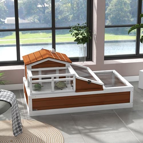 2-Story Three-Room Tortoise Habitat Spacious and Balcony Featuring Durable Construction 44x25.5x25 Weather-Proof Coffee Brown for Small and Medium Tortoises