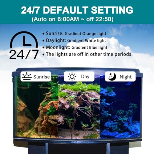 hygger 24/7 Mode Submersible Aquarium LED Light, Full Spectrum Hidden Fish Tank Light with 3 Rows Beads 7 Colors Auto On Off Sunrise-Daylight-Moonlight, Adjustable Timer Brightness - size: 8in 6W