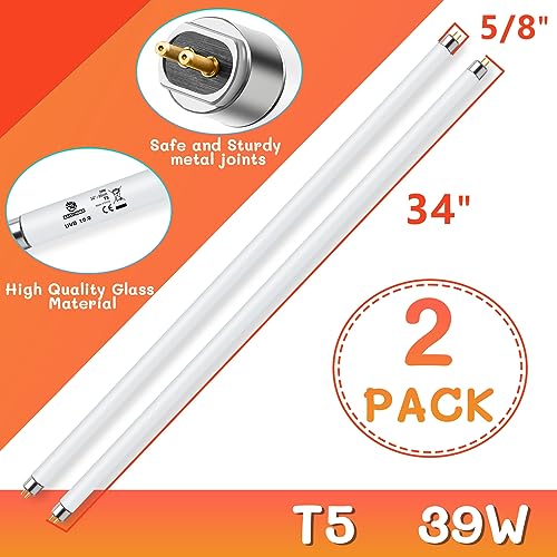 T5 UVB Reptile Light 39W 10.0, UVA Light Bulb for Reptiles, 2 Pack Lamp Tube for Bearded Dragon - size: 2 pack T5 Tube-39W 10.0