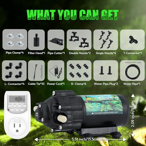 Moongiantgo Reptile Humidifier - Reptile Misting System with 4PCS 360°Adjustable Single Nozzles & 2PCS Double Nozzles and Timer Socket - Reptile Mister for Terrarium Lizard Chameleon Snake Frog Turtle