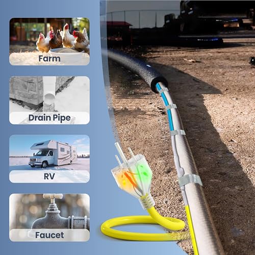 2 Ft Upgraded Dual-Indicators Heat Tape for Water Pipes, YeloDeer Self-Regulating Heat Trace with Thermostat, Heating Cable with Extra End Seals for Metal and Plastic Pipes 120V - style: 2-feet