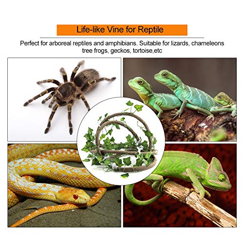 Flexible Natural Reptile Vines 9.84ft Rattan Length, Reptile Plants Simulated Jungle Branch for Tortoise Lizard Bearded Dragon Terrarium Habitat Layout (Large 3m Rattan + Ivy Leaves) - size: Large 3m rattan + ivy leaves