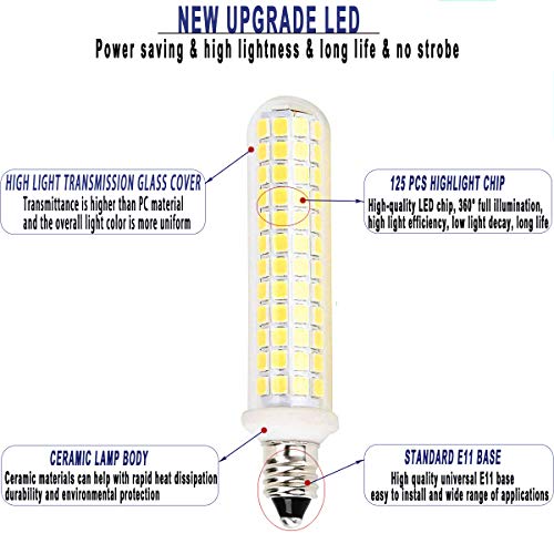 New Upgrade -E11 led Bulb,125 LEDs 100W 120W Halogen Bulbs Equivalent, 10w 1100lm, E11 Mini Candelabra Base White 6000k,AC 110V/130V,JD T3 T4 Bulb (2 Packs) - color: White*2, size: 2 Count (Pack of 1)