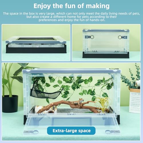 Foldable 16" Reptile Terrariums, Snake Tanks, and Enclosures for Bearded Dragons, Iguanas, Lizards, Crested Geckos -Clear Views, Portability, High-Temperature Resistant Iron Mesh Ventilation - color: Black