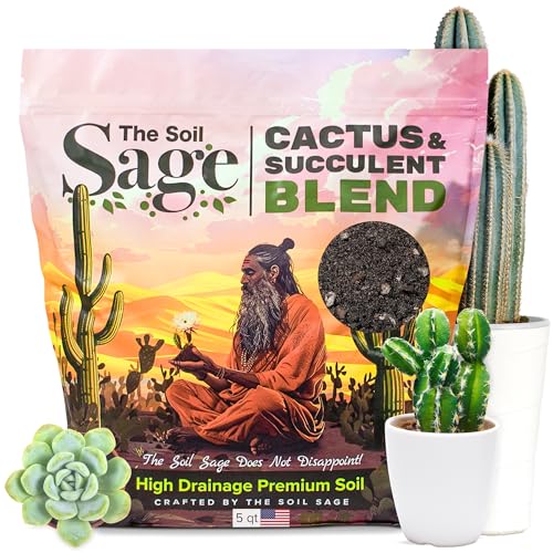 The Soil Sage 5 Dry Qt Cactus & Succulent Potting Soil Mix, USA Made - Gritty, Fast Draining, Soilless, Root Boosting, Peat-Free - Growth of Cactus, Succulents, Jade, Aloe Vera (5 Qt) - size: 5 Qt