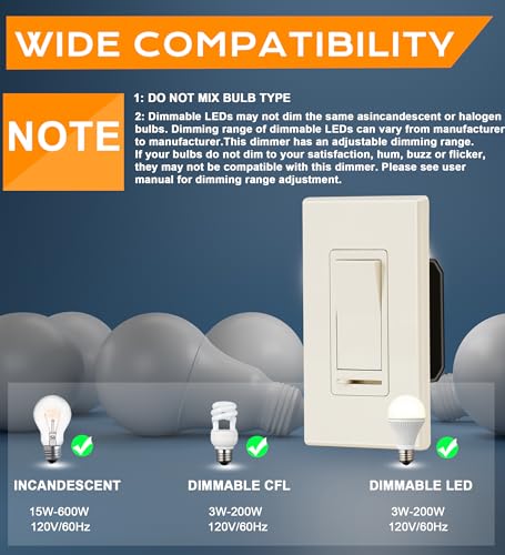 CLOUDY BAY in Wall Dimmer Switch for LED Light/CFL/Incandescent,3-Way Single Pole Dimmable Slide,600W max Incandescent,150W max Dimmable LED/CFL, Cover Plate Included,Almond,2 Pack - size: 2-Pack | Almond