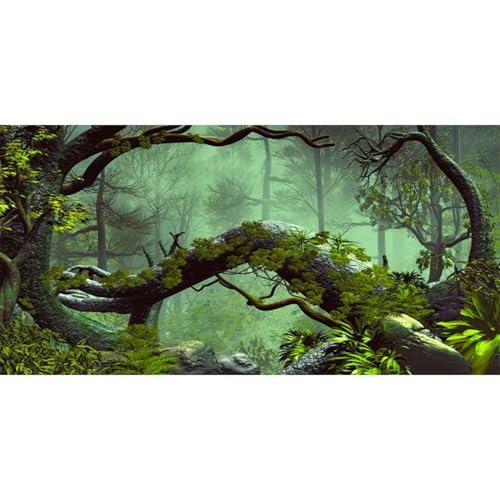 AWERT 36x18 inches Foggy Forest Terrarium Background Stone Green Tree Tropical Reptile Habitat Background Rainforest Aquarium Background Durable Polyester Background - size: 36x18in/90x45cm