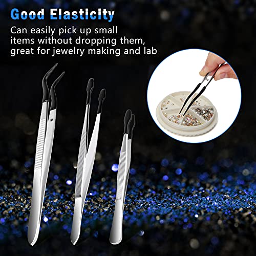 3PCS Tip Tweezers, Silicone Rubber Flat Tipped Tweezers Bent Tip for Jewelry Coin Stamp (Black) - color: Black