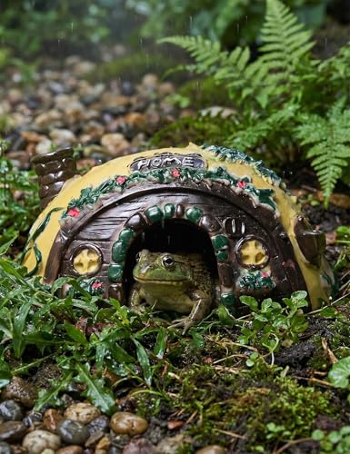 Resin Toad House Reptile Hideout Cave for Frogs Snakes | yellow brown half ellipsoid rock, durable habitat decor for garden indoor pet tanks, easy to clean open bottom shell