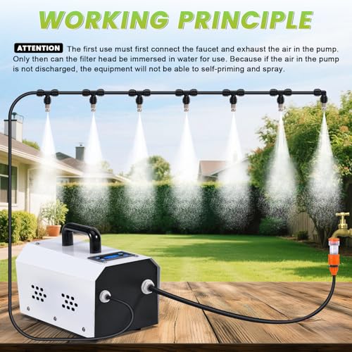 Outdoor Misting Cooling System High Pressure Misters for Outside Patio with Pump Kit, 65.6FT Misting Line with Brass Mist Nozzles Self Priming Sprayer Misters for Chicken Coop Garden Greenhouse