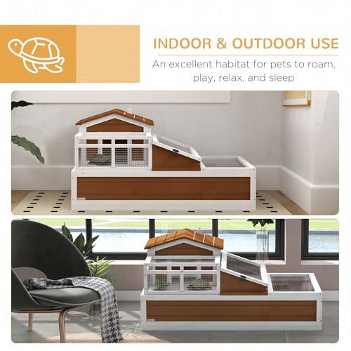 2-Story Three-Room Tortoise Habitat Spacious and Balcony Featuring Durable Construction 44x25.5x25 Weather-Proof Coffee Brown for Small and Medium Tortoises