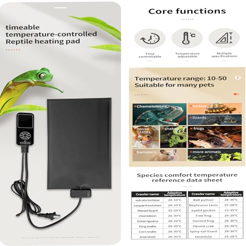 Timeable Temperature-Controlled Reptile Heating Pad, 10-50°C Adjustable, Graphene Chip Rapid Heating, IPX7 Waterproof, Multiple Sizes for Turtles Lizards Frogs，20x20cm/7.9x7.9in (10W) - size: 20x20cm/7.9x7.9in (10W)