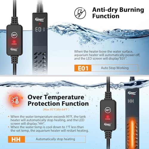 hygger Upgrade Ceramic Aquarium Heater, 200W Digital Fish Tank Heater with Automatic Power-Off and Over-Temperature Protection, Energy Saving Submersible Aquarium Heater for Freshwater and Saltwater - size: 200W