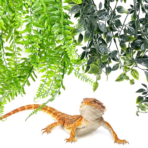 Hamiledyi 5 Pcs Reptile Plants Terrarium Hanging Fake Plant Leaves and Large Driftwood for Reptile Tank 11-16" Natural Bearded Dragon Wood for Ball Python Gecko Lizard Chameleon Iguana