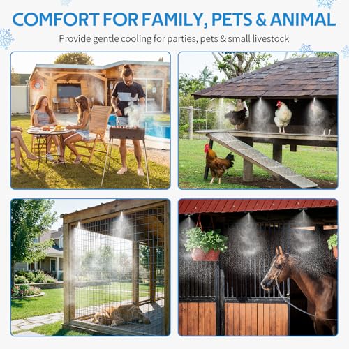 HOMENOTE Misting Cooling System, 98FT(30M) Pre-Assembled Kit with 27 Brass Nozzles & 3/4" Brass Adapter, Cooling Mister for Patio, Backyard, Pets, Garden & Greenhouse - size: 98FT / 30M